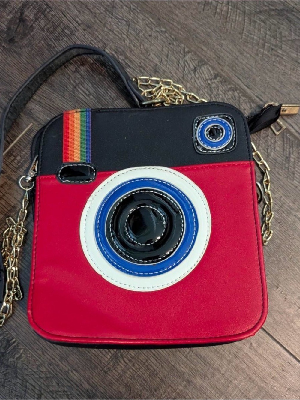 Camera-Inspired Mini Crossbody Bag — Red and Black with Rainbow Accent